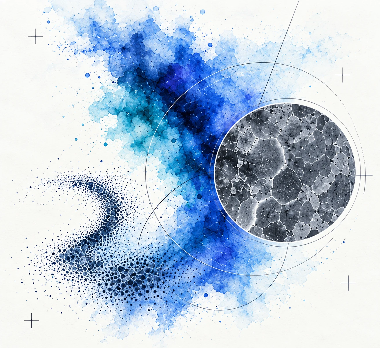 Watercolor concept illustration combining a porous material cross section, particle patterns, and fine scientific construction lines